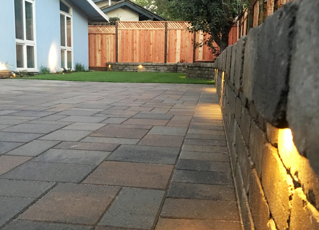 Stamped decorative concrete patio with lighting in Pittsburg, CA